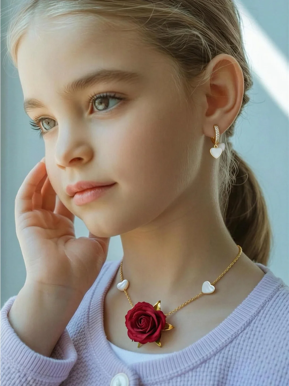 Kids Heart & real Rose Pendant Necklace and Earrings Set - Pink White Gold